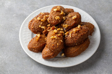 Close up of homemade Greek traditional melomakarona cookies
