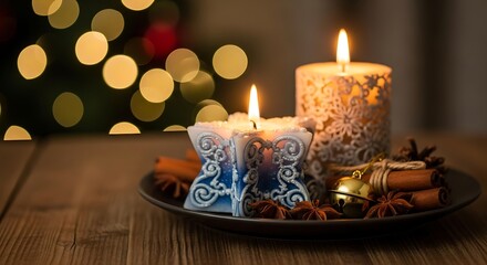 Photo of two decorative candles burning brightly on a plate with cinnamon sticks and star anise, set against a blurred christmas tree and bokeh lights, creating a cozy festive atmosphere