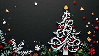 Creative decoration of a Christmas tree made from white paper with colorful ornaments and stars on a dark background for festive celebration Generative AI