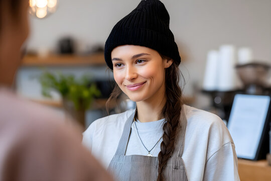 Non-binary barista engaging with customers in a cozy cafe setting