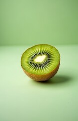Close up photo shows half of kiwi fruit. Juicy green fruit slice reveals tiny black seeds. Healthy food concept. Simple image on light green background.
