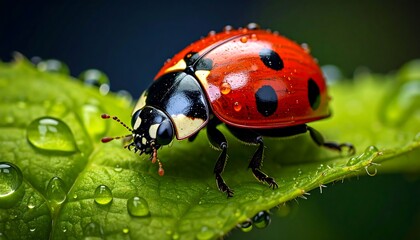 Macro shot of a red ladybug with black spots sitting on a vibrant green leaf covered in glistening water droplets