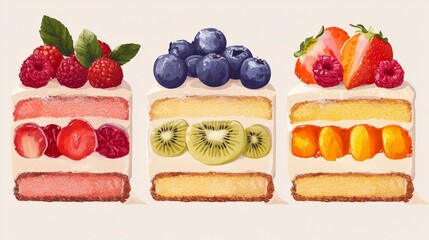 dessert vector of symmetrical cake slices with colorful fruit topping, modern geometric look, flat design vector art