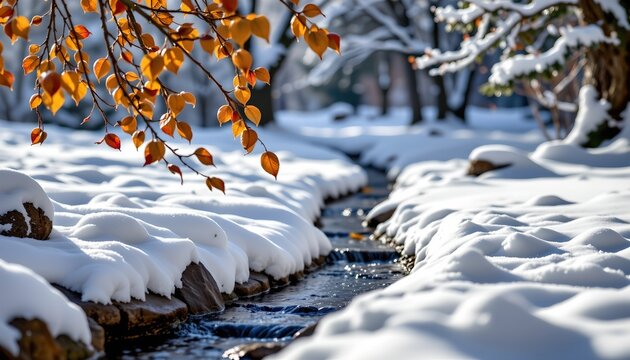 Winter Stream Scene with Snow and Dried Leaves
