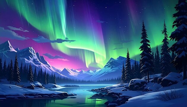Majestic aurora borealis illuminates a serene winter landscape with snow-covered mountains and a tranquil body of water