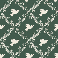 Flying Doves Botanical Seamless Pattern