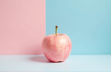 delicate pink apple sits solo soft focus blend pastel pink baby blue hues minimalist composition gentle
