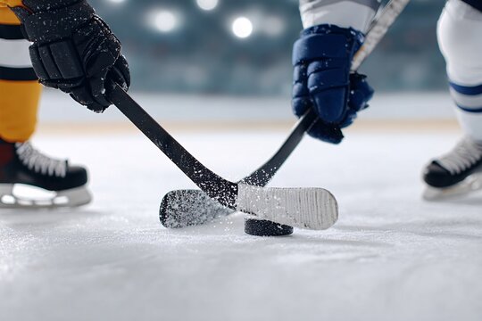 Action shot of faceoff between two ice hockey players during game