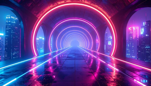 Neon circles stretch into the distance through an arched corridor with a blurred cityscape visible outside - Powered by Adobe
