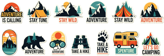 Illustration of set of adventure and camping icons with mountains, tents, bear, binoculars, and motivational quotes, perfect for outdoor enthusiasts and travelthemed designs