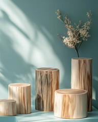 Ethereal presentation wood platform showcasing springtime bloom against serene aqua backdrop scene