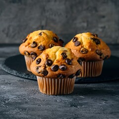 Chocolate Chip Muffins on a Dark Surface