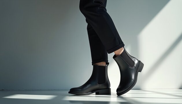 Pair of black leather Chelsea boots shown with cuffed black pants. A close-up shot focuses on ankle footwear. These boots suit men and women. They offer comfort and style. - Powered by Adobe