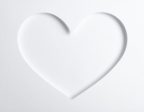 Pure white heart shape is beautifully embossed on a clean white background, creating a soft shadow effect and a minimalist design.