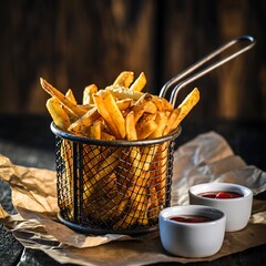 Golden French Fries in a Wire Basket