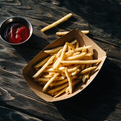 Wood Tray of French Fries with Ketchup