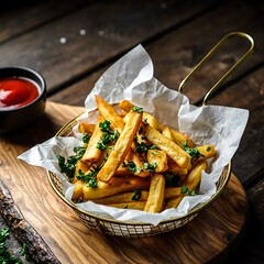 Rustic Platter of French Fries and Sauce