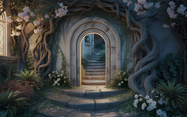 Fototapeta premium Magical Enchanted Stone Archway with Glowing Doorway and Lush Floral Vines , Backdrop.