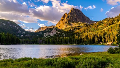 Scenic view of a lake surrounded by trees and mountains under a cloudy sky at sunset, with golden light