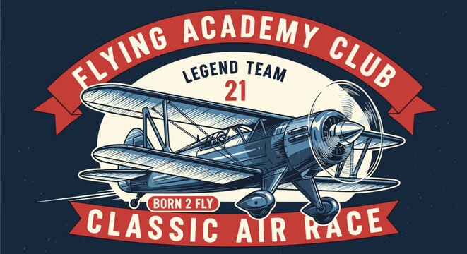 Illustration of vintage biplane soars through the sky, a symbol of classic air races and flying academy clubs, evoking a sense of adventure and nostalgia for aviation enthusiasts