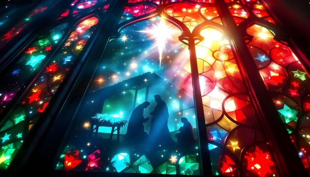Beautiful stained glass window depicting a nativity scene illuminated by colorful lights during Christmas season Generative AI