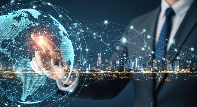 Global Business Network: Businessman Touching Earth Globe with City Skyline