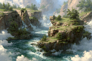 Explore the scenic river canyon landscape painting with cliffs and waterfalls art print for sale now