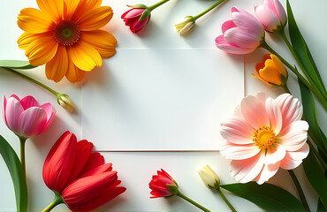 delicate composition vibrant spring flowers lush greenery surrounds handcrafted paper greeting card shot directly