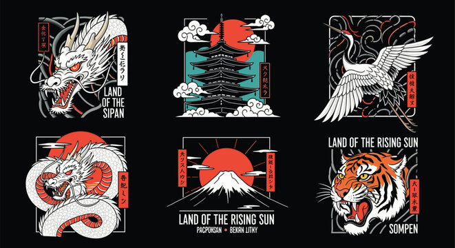 Illustration of a collection of japaneseinspired designs featuring a dragon, pagoda, crane, mount fuji, and tiger, each emblem showcasing traditional japanese elements and motifs