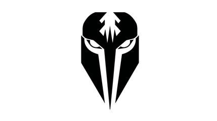 Obraz premium Abstract black and white stylized warrior mask icon, powerful tribal helmet design, strong mythological emblem, graphic resource