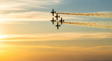 Precision flying team performs aerial maneuvers against a vibrant sunset sky