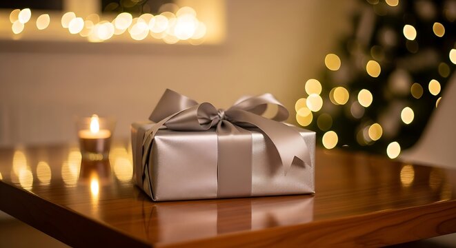 Elegant Silver Christmas Gift Box on Table