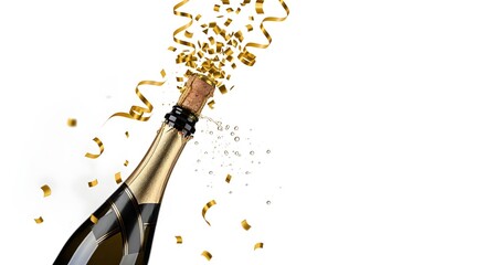 A champagne bottle pops its cork, releasing golden confetti and sparkling liquid against a clean white background, symbolizing celebration and joy