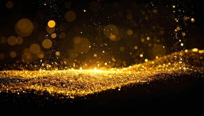 Sparkling golden wave over dark void, bokeh lights, ethereal glow, light particles scattering up and away