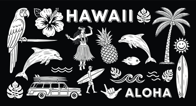 Illustration of hawaii themed design with parrot, hibiscus, hula dancer, pineapple, dolphin, palm tree, sun, surfboard, car, surfer, monstera leaf, wave and aloha text
