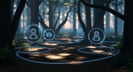 Digital avatars in a virtual forest environment for social interaction.