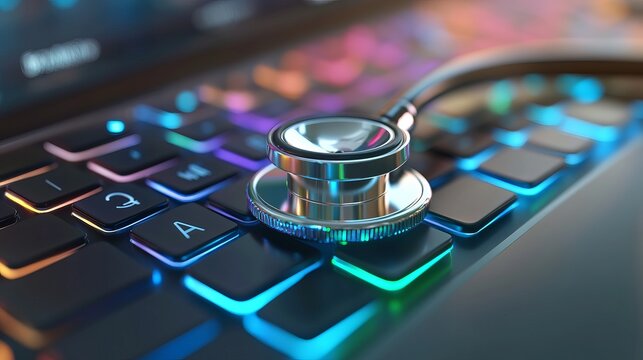 Medical concept with stethoscope on computer keyboard representing healthcare technology and digital health solutions