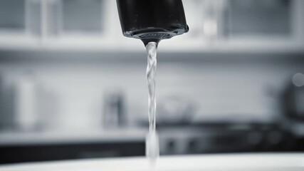 Closeup of a kitchen faucet with water dripping and flowing highlighting water conservation and plumbing issues in a domestic setting.