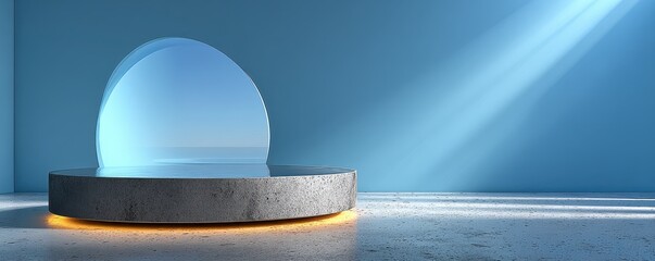 Minimalist podium with a circular transparent disk in a blue room for modern product display and branding visuals