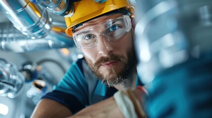 An HVAC technician inspects ductwork in a crawlspace.