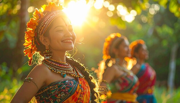 Smiling Naga Women in Traditional Attire Performing Folk Dance. Golden Sunlight at Hornbill Festival. Vibrant Jewelry and Culture.