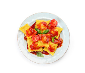 Delicious ravioli with tomato sauce and basil isolated on white, top view