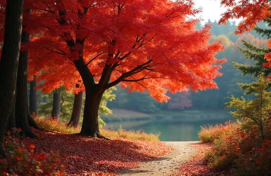 Vibrant red maple tree dominates autumn park on sunny day. Bright fall leaves blanket pathway, creating scenic view. Calm lake reflects colorful forest, showing seasonal beauty, peaceful nature.