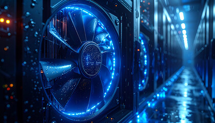 Tech Cooling in the Data Center: Close-up of cooling fans illuminated with blue light, ensuring optimal temperature control in a data center environment, signifying technological efficiency.