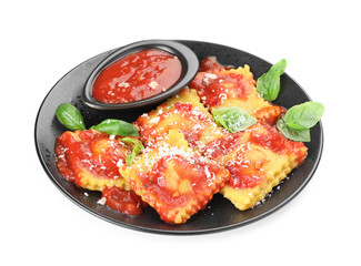 Delicious ravioli with tomato sauce, cheese and basil isolated on white