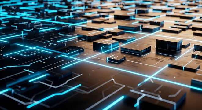 Futuristic Technology Circuit Board with Glowing Blue Lines.