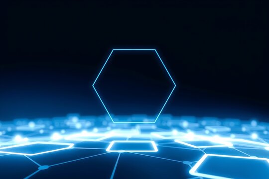 Generative AI digital network structure with glowing hexagon