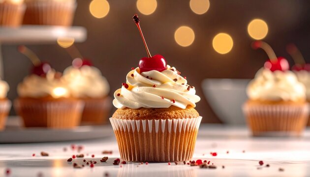 Cupcake with fluffy cream frosting and cherry topping bakery and dessert concept. - Powered by Adobe