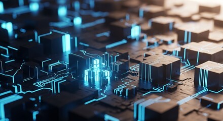 Futuristic Technology Circuit Board with Glowing Blue Lines.