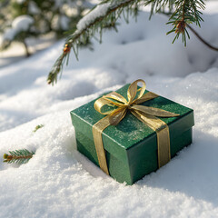 Green gift box on snow background. Christmas and New Year concept, Gift in green box with golden ribbonis thoughtfully placed in the soft, glistening snow on snowy spruce tree in winter fores. 